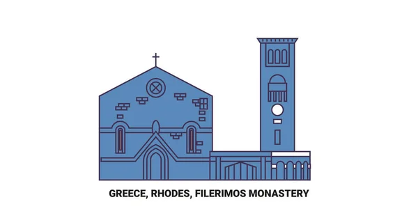 罗得岛 Filerimos修道院旅行地标线矢量图解 — 图库矢量图片