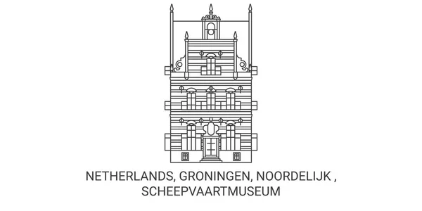 Holandia Groningen Noordelijk Scheepvaartmuseum Podróż Punkt Orientacyjny Linia Wektor Ilustracja — Wektor stockowy