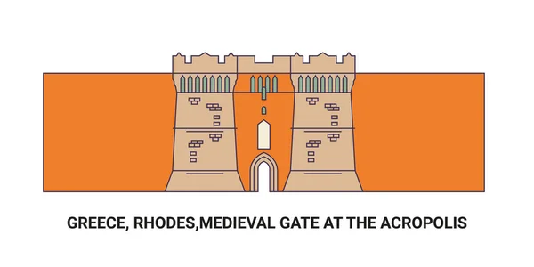Greece Rhodes Medieval Gate Acropolis Travel Landmark Line Vector Illustration — Stock Vector