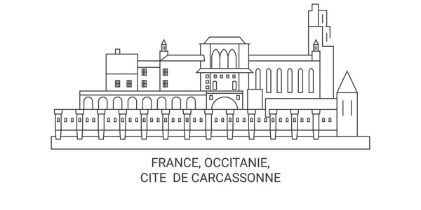 France Occitanie Cite Carcassonne Travel Landmark Line Vector Illustration — 스톡 벡터