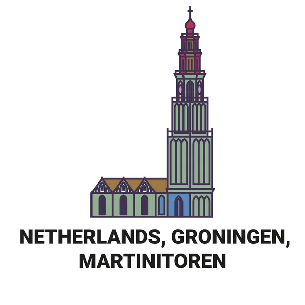 Nederländerna Groningen Martinitoren Resa Landmärke Linje Vektor Illustration — Stock vektor