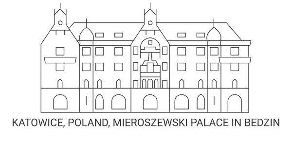 Poland Katowice Mieroszewski Palace Dzin Travel Landmark Line Vector Illustration — стоковий вектор