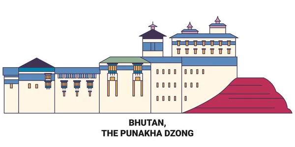 Bhutan Punakha Dzong Perjalanan Landmark Garis Vektor Ilustrasi - Stok Vektor
