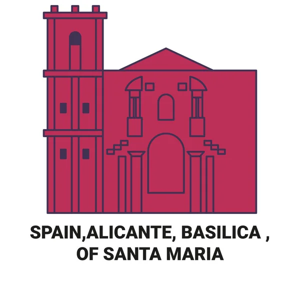西班牙 阿利坎特 大教堂 圣玛丽亚旅游地标线矢量图解 — 图库矢量图片