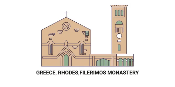 Greece Rhodes Filerimos Monastery Travel Landmark Line Vector Illustration — Stock Vector