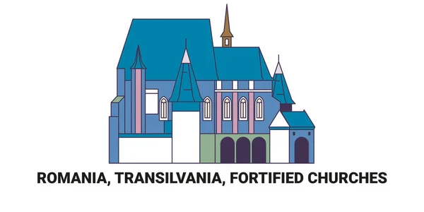 罗马尼亚 特兰西拉 特兰西拉旅行中的强化教堂 地标线矢量图解 — 图库矢量图片