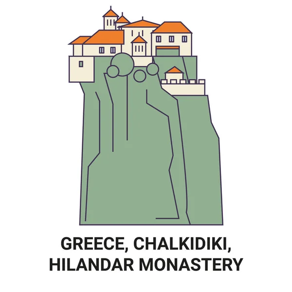 Grecia Chalkidiki Hilandar Monasterio Viaje Hito Línea Vector Ilustración — Vector de stock