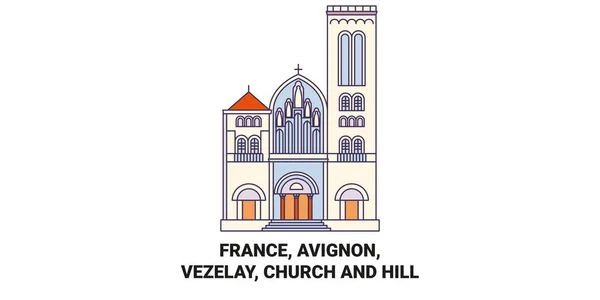 Frankreich Avignon Vezelay Church Hill Reise Meilenstein Linienvektorillustration — Stockvektor