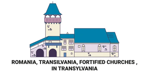 ルーマニア トランシルヴァニア 強化教会 トランシルヴァニア旅行ランドマークラインベクトル図 — ストックベクタ