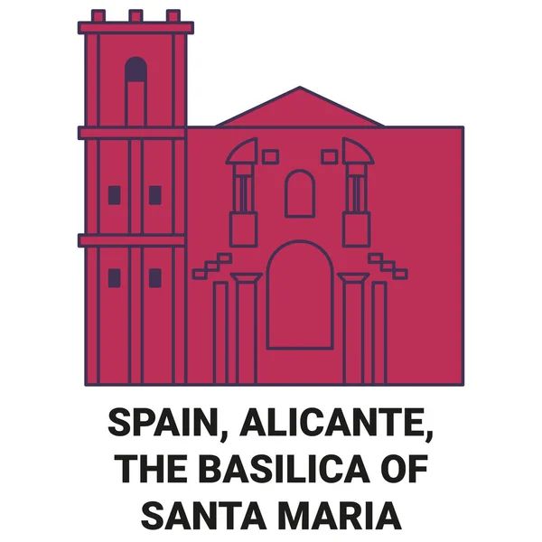 西班牙 阿利坎特 圣玛利亚大教堂旅行的地标线矢量图解 — 图库矢量图片