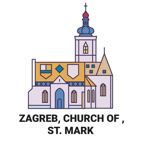 Croatie Zagreb Eglise Saint Marc Voyage Illustration Vectorielle Ligne Historique — Image vectorielle