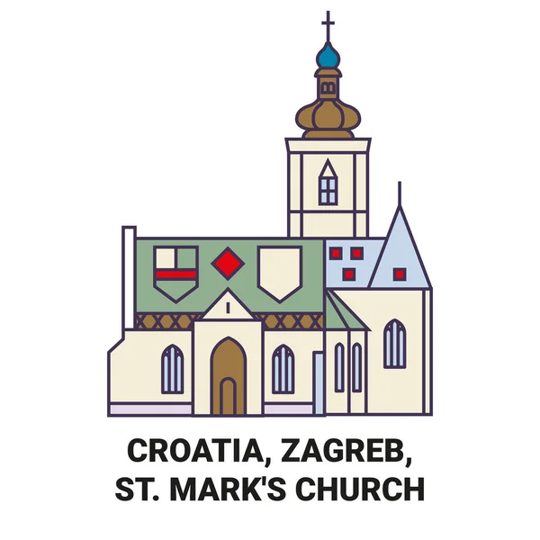 クロアチア ザグレブ セントマークス教会旅行ランドマークラインベクトルイラスト — ストックベクタ