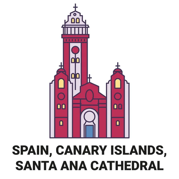 西班牙 加那利群岛 圣安娜大教堂旅行地标线矢量图解 — 图库矢量图片