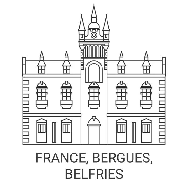 Frankreich Bergues Belfries Reise Meilenstein Linienvektorillustration — Stockvektor