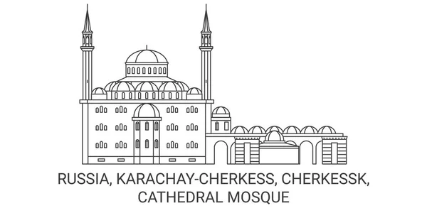 Rússia Karachaycherkess Cherkessk Catedral Mesquita Viagem Marco Linha Vetor Ilustração —  Vetores de Stock