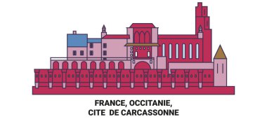 Fransa, Occitanie, Cite De Carcassonne seyahat çizgisi çizgisi çizimi