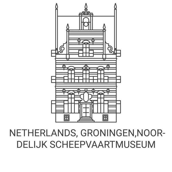 オランダ フローニンゲン Noordelik Scheepvaartmuseum旅行ランドマークラインベクトルイラスト — ストックベクタ