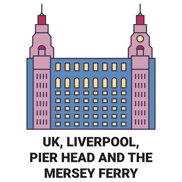 England Liverpool Pier Head Mersey Ferry Reise Meilenstein Linienvektorillustration — Stockvektor