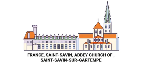 Francia Saintsavin Abadía Iglesia Saintsavinsurgartempe Viaje Hito Línea Vector Ilustración — Archivo Imágenes Vectoriales