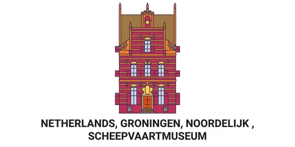 オランダ フローニンゲン ノールデリク Scheepvaartmuseum旅行ランドマークラインベクトルイラスト — ストックベクタ