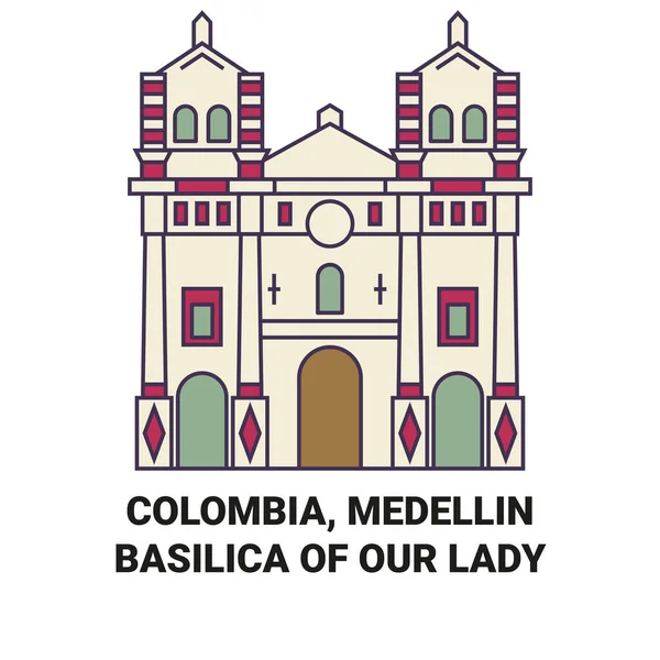 Colombia Medellín Basílica Nuestra Señora Recorrido Hito Línea Vector Ilustración — Vector de stock