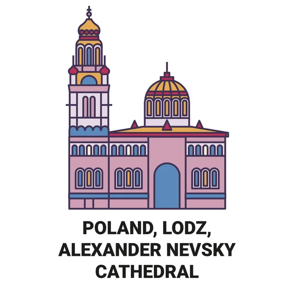 Polska Łódź Aleksander Newski Katedra Podróży Punkt Orientacyjny Linia Wektor — Wektor stockowy
