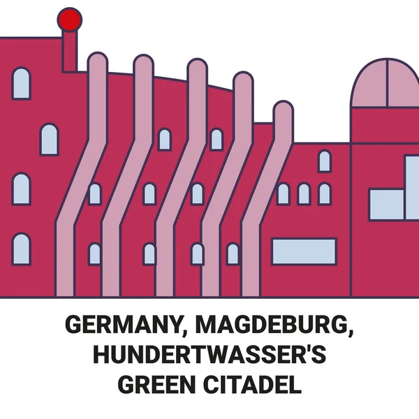 Németország Magdeburg Hundertwassers Green Citadel Utazás Mérföldkő Vonal Vektor Illusztráció — Stock Vector