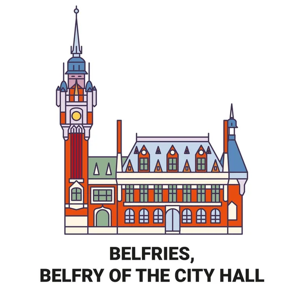 ベルギー Belfries 市役所のBelfree旅行ランドマークラインベクトルイラスト — ストックベクタ