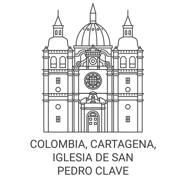 哥伦比亚 卡塔赫纳 Iglesia San Pedro Clave旅行地标线矢量说明 — 图库矢量图片
