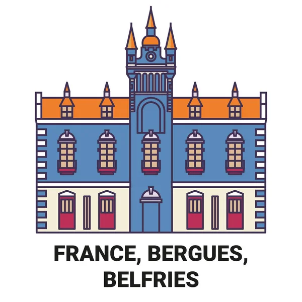 France Bergues Belfries Illustration Vectorielle Ligne Repère Voyage — Image vectorielle