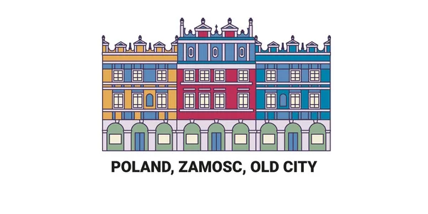ポーランド ザモスク 旧市街 旅行ランドマークラインベクトルイラスト — ストックベクタ