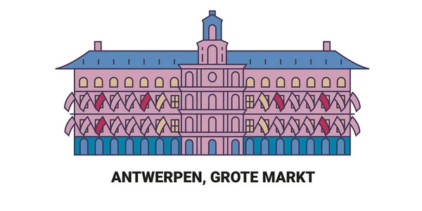 Belgien Antwerpen Grote Markt Reise Meilenstein Linienvektorillustration — Stockvektor