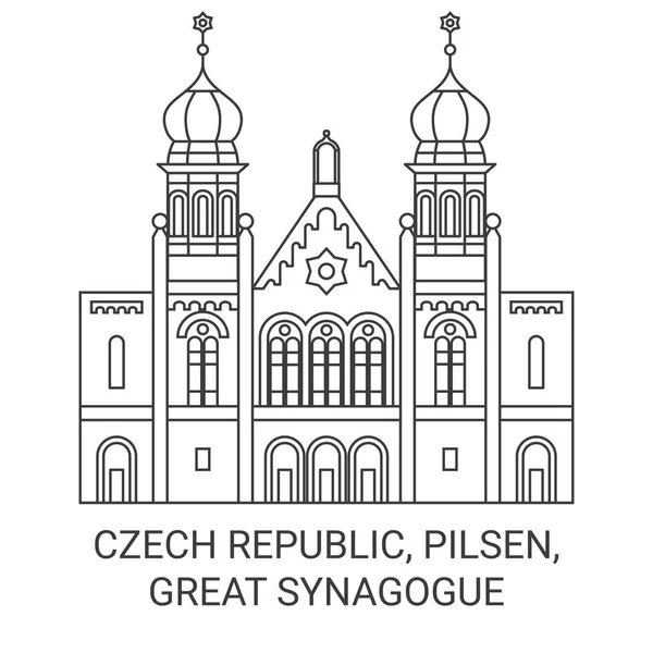República Checa Pilsen Grande Sinagoga Viagem Marco Linha Vetor Ilustração — Vetor de Stock