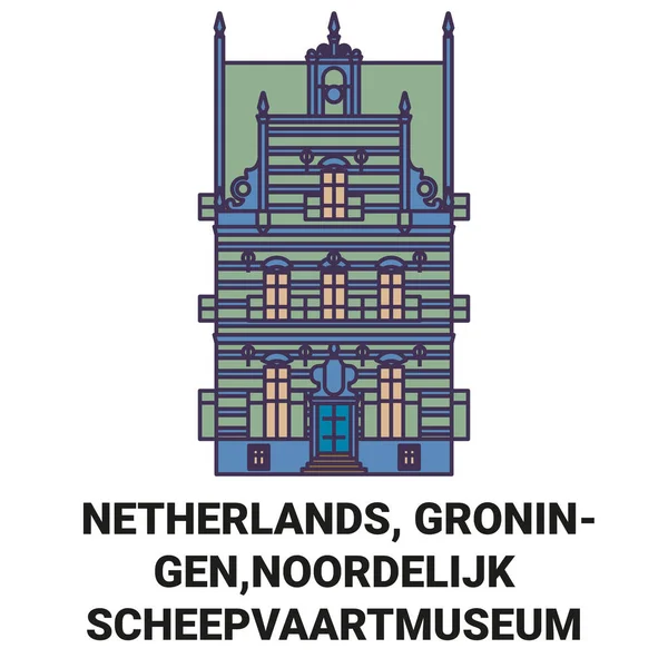 Países Bajos Groningen Noordelijk Scheepvaartmuseum Travel Landmark Line Vector Illustration — Vector de stock