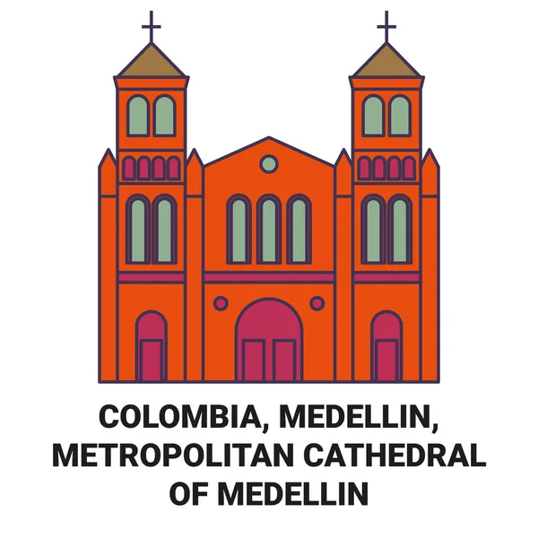 Colombia Medellín Catedral Metropolitana Medellín Recorrido Hito Línea Vector Ilustración — Vector de stock