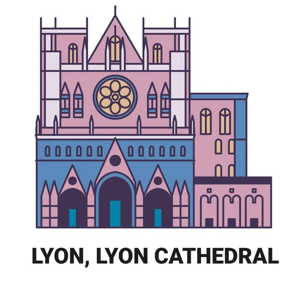 フランス リヨン リヨン大聖堂 旅行ランドマークラインベクトル図 — ストックベクタ