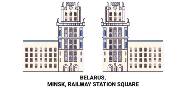 Belarus Minsk Railway Station Square Travel Landmark Line Vector Illustration — 스톡 벡터