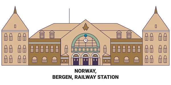 Noorwegen Bergen Station Reizen Oriëntatiepunt Lijn Vector Illustratie — Stockvector