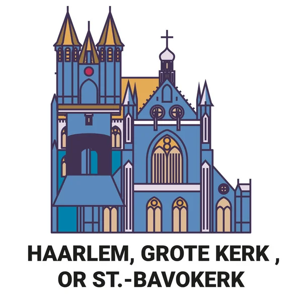 オランダ ハーレム グロート ケルク またはSt Bavokerk旅行ランドマークラインベクトルイラスト — ストックベクタ