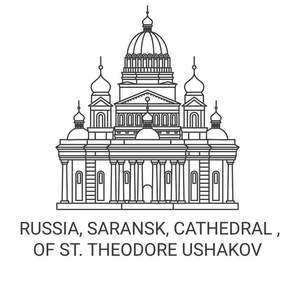 Rusland Saransk Kathedraal Van Theodore Ushakov Reizen Oriëntatiepunt Lijn Vector — Stockvector
