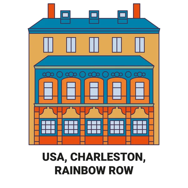 Usa Charleston Rainbow Row Travels Landmark Line Vector Illustration — стоковий вектор