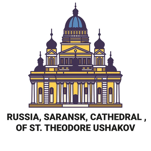 Rusland Saransk Kathedraal Van Theodore Ushakov Reizen Oriëntatiepunt Lijn Vector — Stockvector