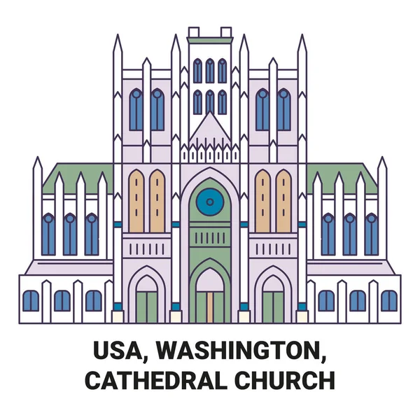 Usa Washington Catedral Igreja Viagens Marco Linha Vetor Ilustração — Vetor de Stock