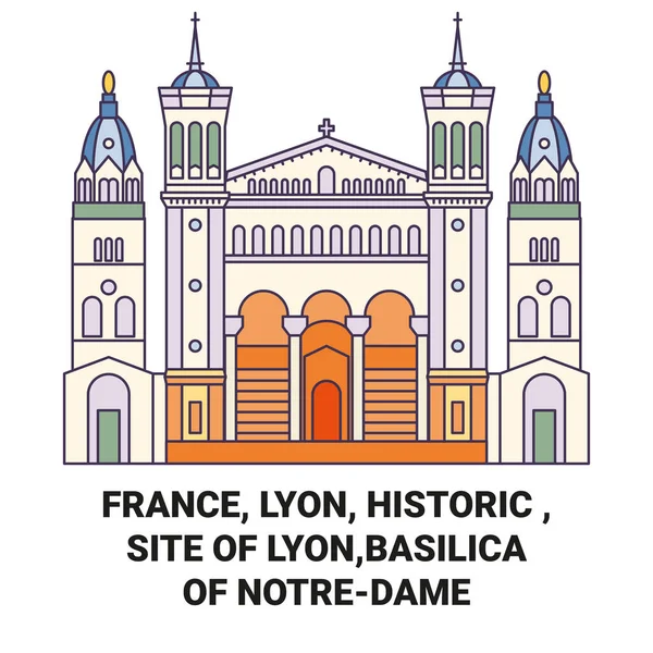 France Lyon Historic Site Lyon Basilica Notredame Travel Landmark Line — Stock Vector