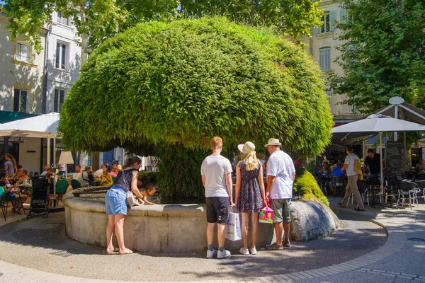 法国萨隆德波尼斯 2022年8月3日 著名的苔藓喷泉 Fontaine Moussue 被游客包围 — 图库照片
