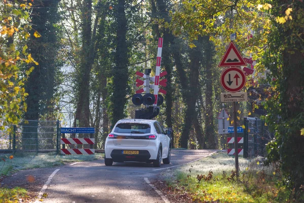 Oldenzaal Netherlands November 2022 Car Passing Open Railroad Crossing Rural — Stock Photo, Image