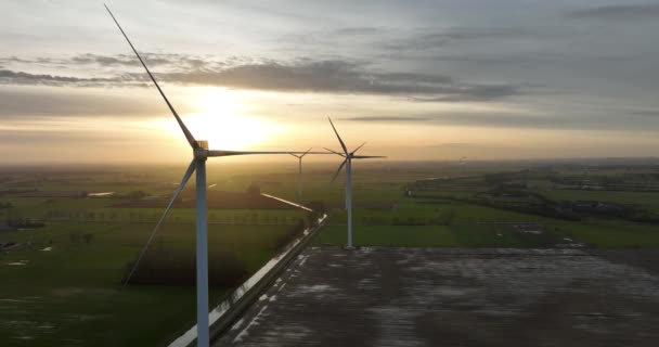 Hollanda Günbatımında Sıra Sıra Rüzgar Türbinlerinin Hava Görüntüleri — Stok video