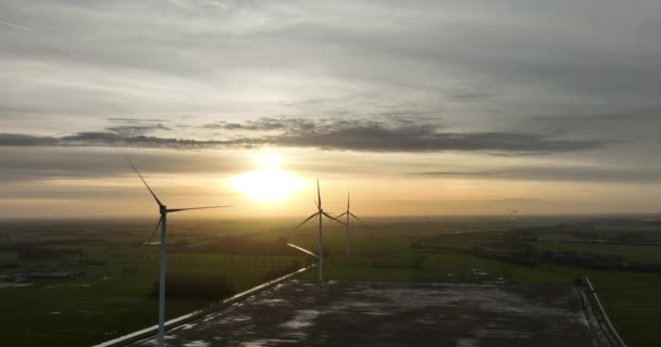 Hollanda Günbatımında Sıra Sıra Rüzgar Türbinlerinin Hava Görüntüleri — Stok video