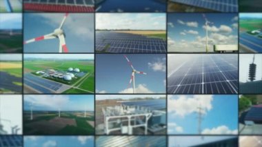 Alternatif enerji bölünmüş ekranı. Yeşil elektrik çoklu ekran kolajı. Yenilenebilir elektrik üretim video duvarı.