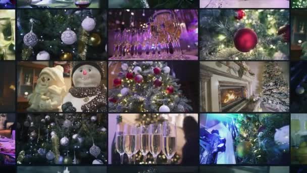 Kerstboom Decoraties Collage Kerstversiering Multiscreen Kerst Video Muur — Stockvideo